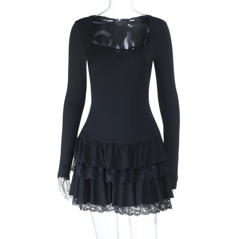 Square Collar Wooden Ear Mini Dress for Women Autumn Winter Long Sleeve Dress by Ragazza