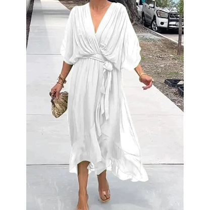 Women Clothing Solid Color Tied Maxi Dress Batwing Sleeve Irregular Asymmetric Dress by Ragazza