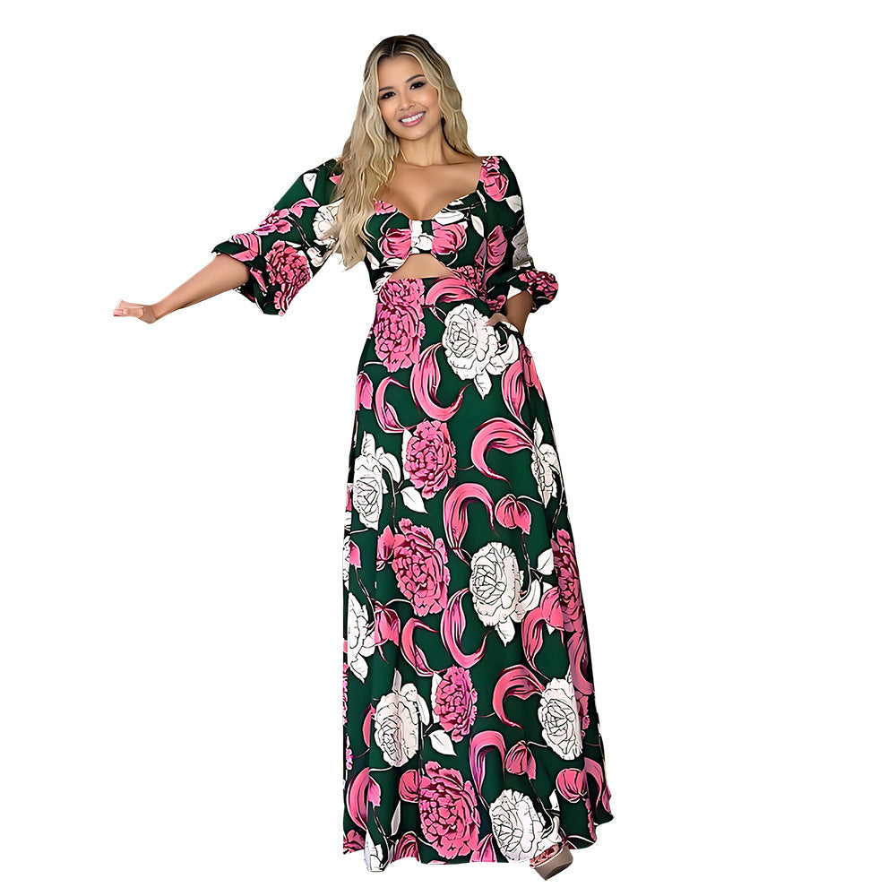 Women Square Collar Bow Hollow Out Cutout Design Bubble Long Sleeve Maxi Dress by Ragazza