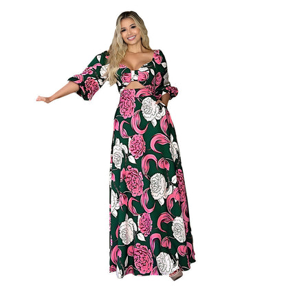 Women Square Collar Bow Hollow Out Cutout Design Bubble Long Sleeve Maxi Dress by Ragazza