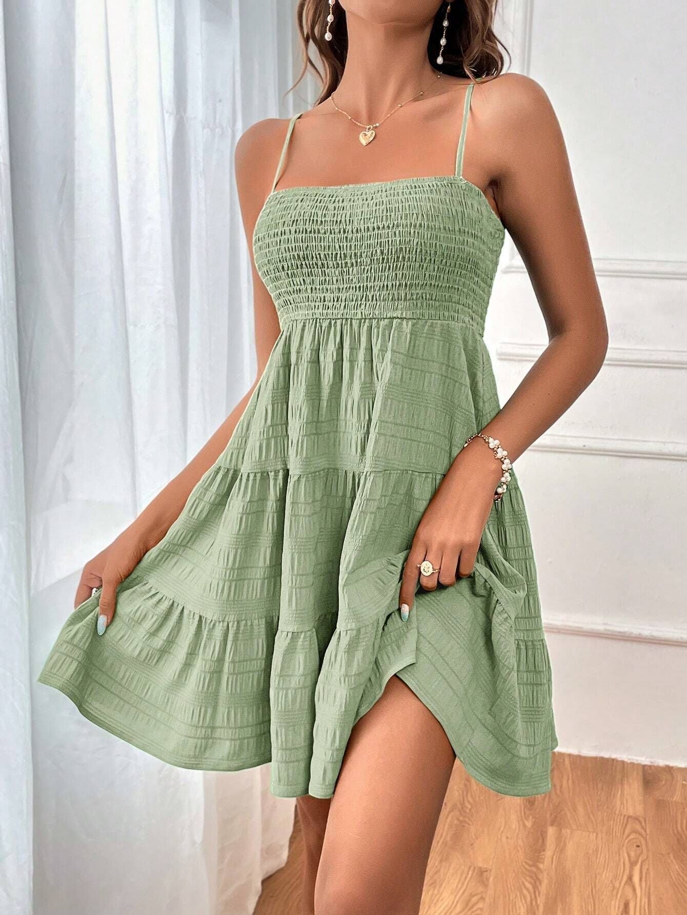 Women Clothing Summer off Neck Camisole Solid Color All Matching Texture Dress by Ragazza