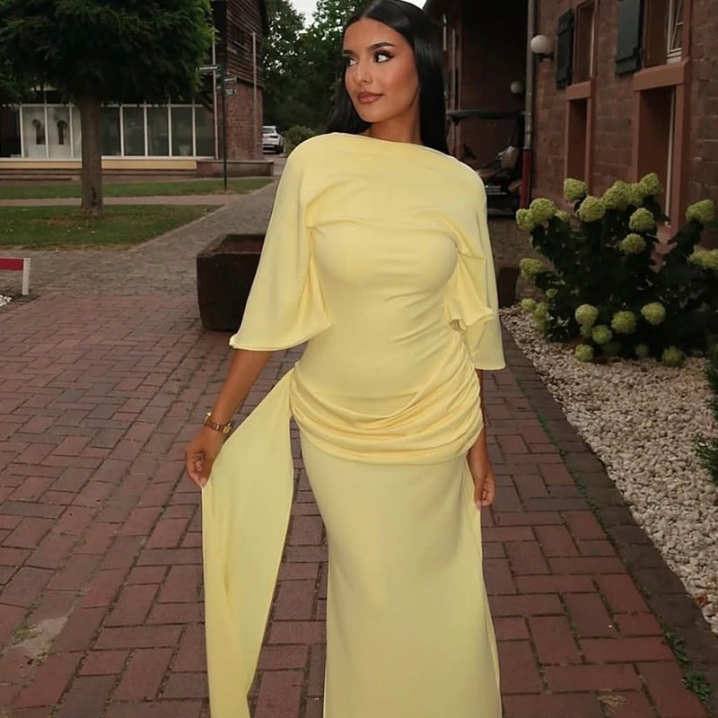 Women Clothing Backless Sexy Pleated Loose Hip Dress off Neck Lace up Split Maxi Dress by Ragazza