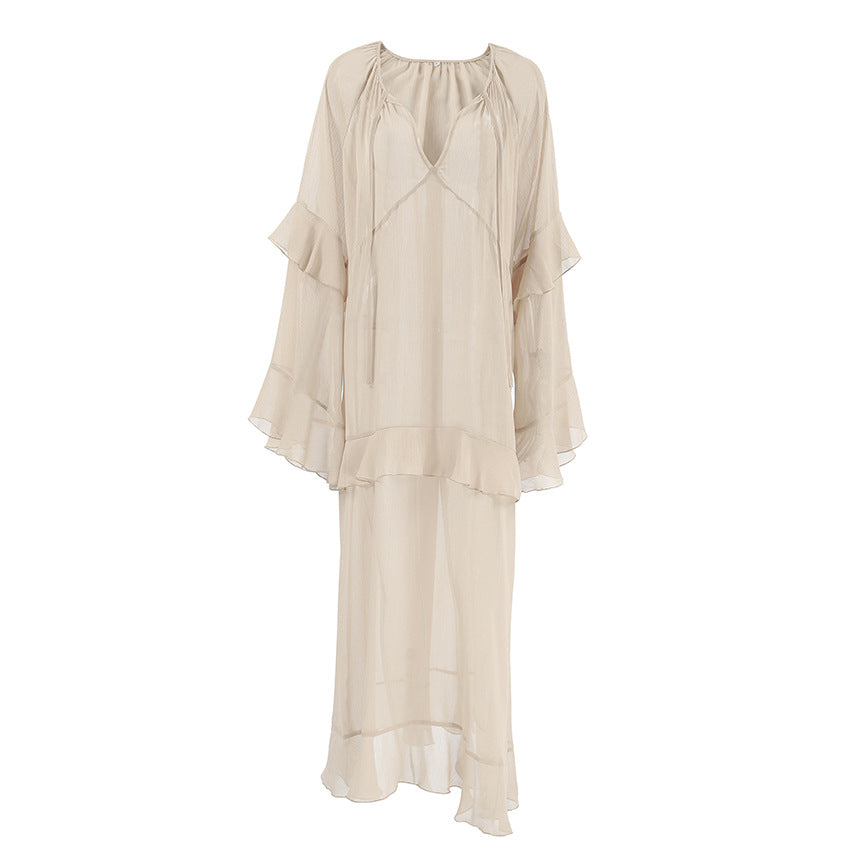 Khaki Autumn Winter Batwing Sleeve Dress Sun Protective Blouse Maxi Dress for Women by Ragazza