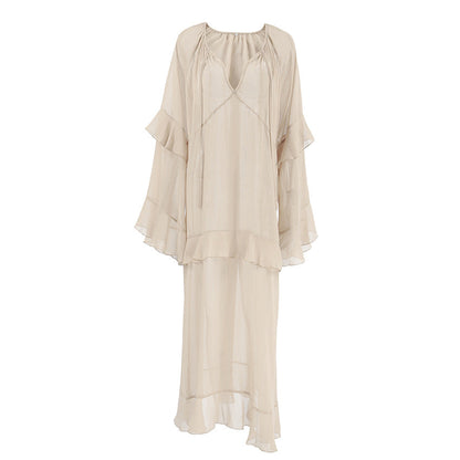 Khaki Autumn Winter Batwing Sleeve Dress Sun Protective Blouse Maxi Dress for Women by Ragazza