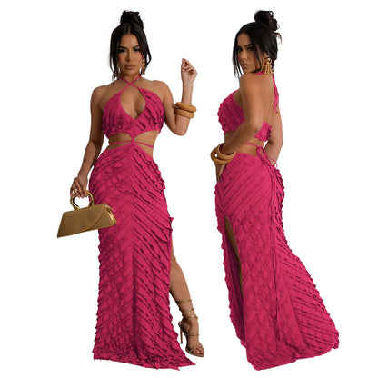 Women Clothing Small Louver Sexy Halter Lace Up Slim Fit Hollow Out Cutout Dress by Ragazza