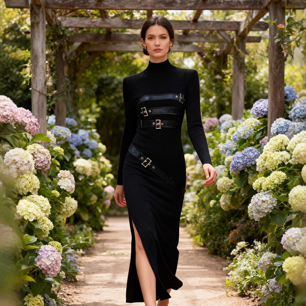 Turtleneck Solid Color Dress Spring High Grade Long Sleeve Split Metal Decorative Dress Women by Ragazza
