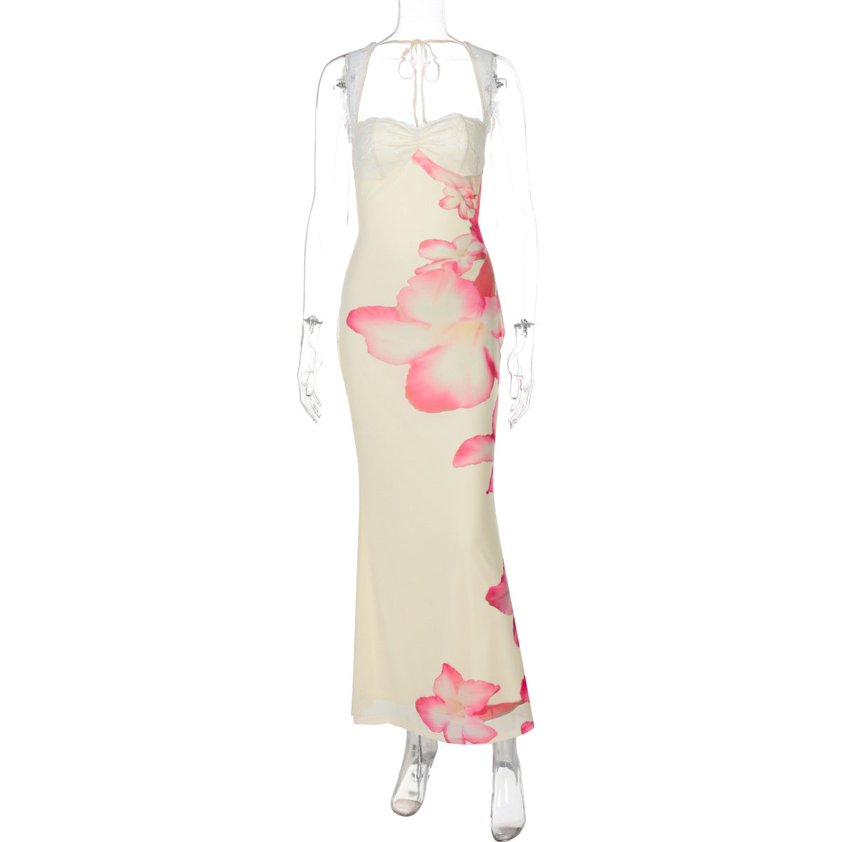 Women Clothing Summer Floral Print off Neck Lace Splicing Sling Backless Dress by Ragazza