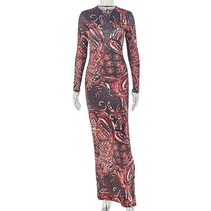 Elegant Retro Women Tight Waist Slimming Slit Hip Dress Color Matching Long Sleeve Dress  DestGlow