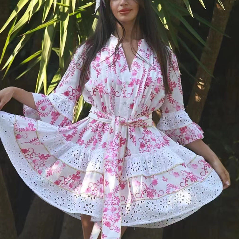 French Bohemian Vacation Spring V Neck Bell Sleeve Embroidered Printed Tied Dress Women by Ragazza
