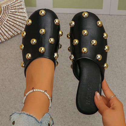 Summer Metal Rivet Half Support Flat Slippers Women Lazybones Outdoor Toe Cap Mules Shoes  DestGlow