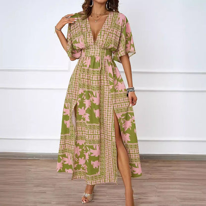 Summer Sexy V neck Short Sleeve Waist Controlled Printed Dress for Women by Ragazza