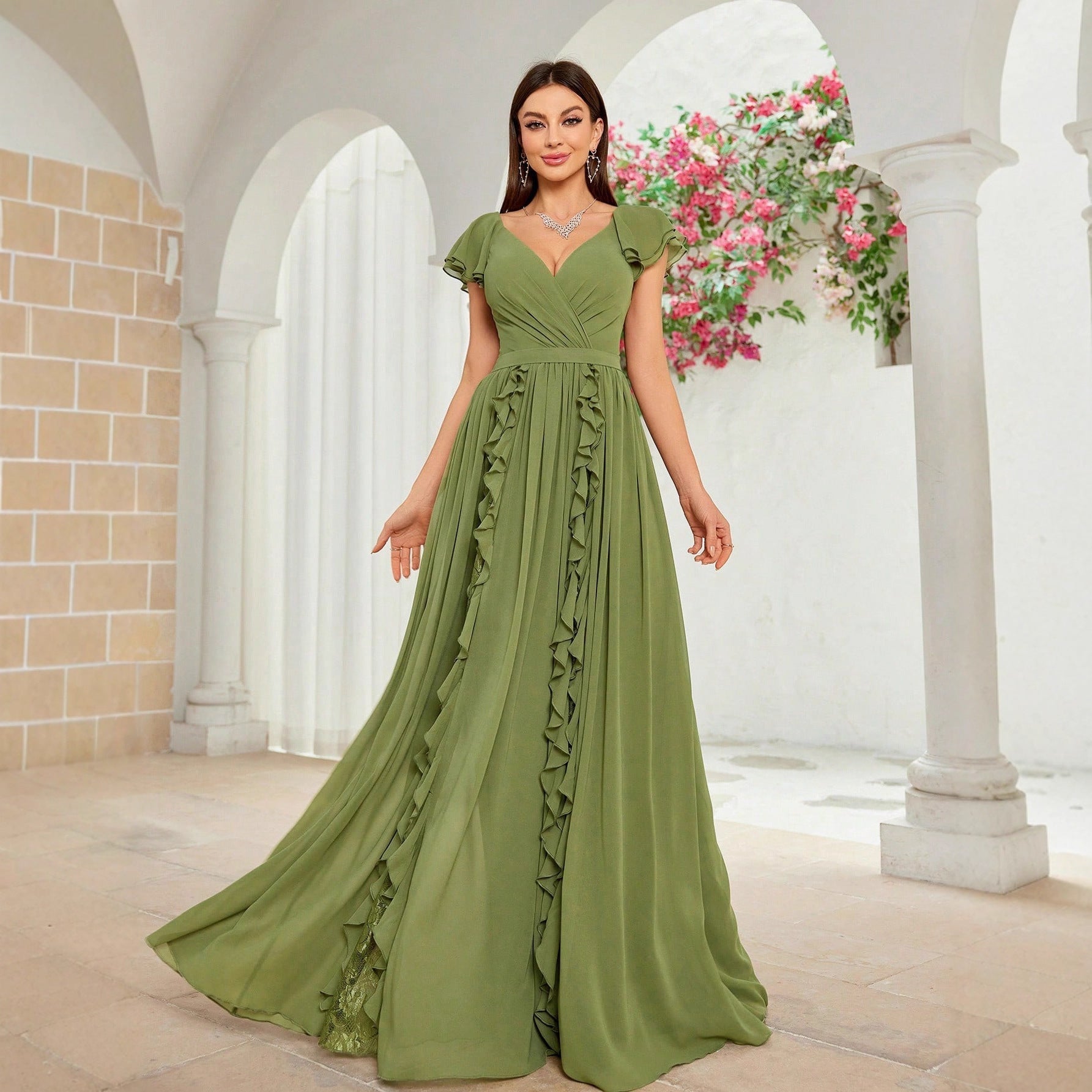 Elegant Ball Dress Fall High End Ruffled Maxi Dress V neck Dress by Ragazza