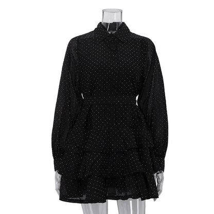 Casual Black Rhimestone A line Dress Women Clothing Autumn Polo Collar Long Sleeve High Waist Bubble Dress by Ragazza