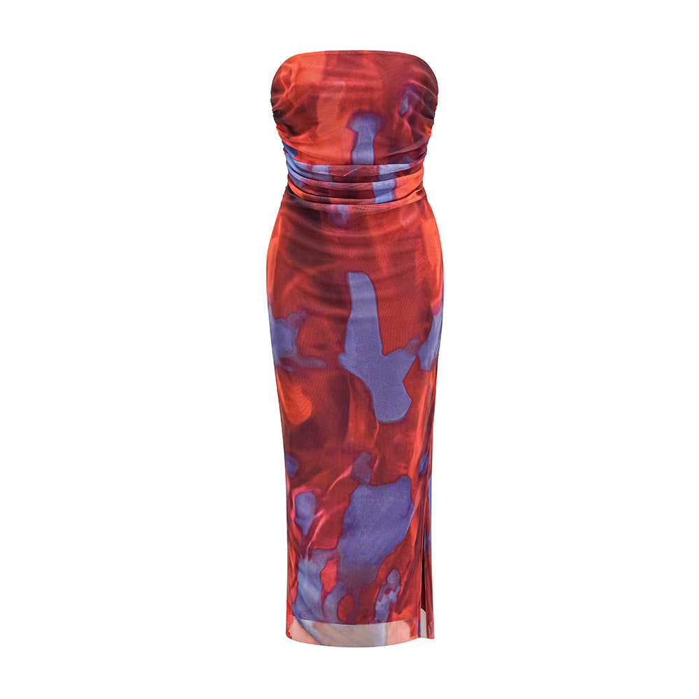 Women Clothing Spring Summer Mesh Printed Double Layer Sexy Side Slit Dress by Ragazza