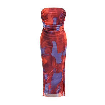 Women Clothing Spring Summer Mesh Printed Double Layer Sexy Side Slit Dress by Ragazza