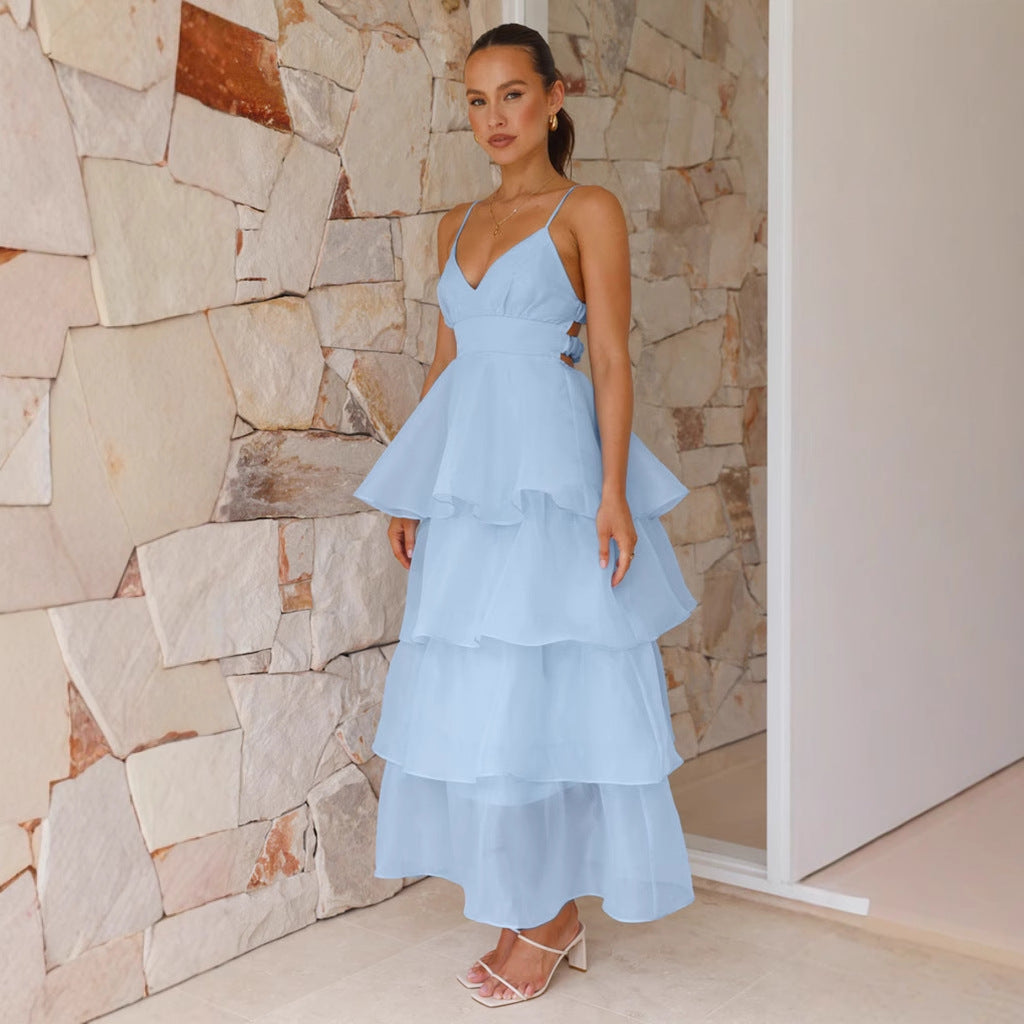 Sexy Backless Spaghetti Straps Cake Pleated Lace up Evening Party Dress Slim Fit Dress Women by Ragazza
