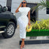 Women Clothing Summer Short Sleeve Solid Color Pleating Frayed Hem Slim Fit Mid Length Dress by Ragazza