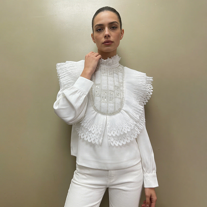 Sweet Design Blouse Women Winter Pleated Hollow Out Cutout out Sequin High Grade Long Sleeved Shirt by Ragazza