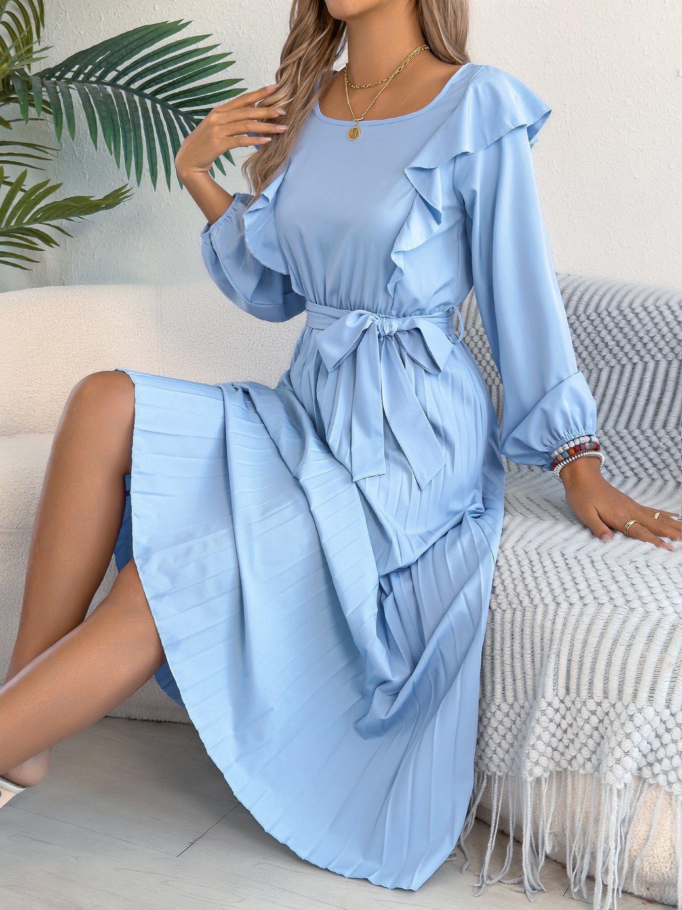 Women Clothing Spring Summer Elegant Ruffled Square Collar Long Sleeve Cinched Pleated Dress by Ragazza