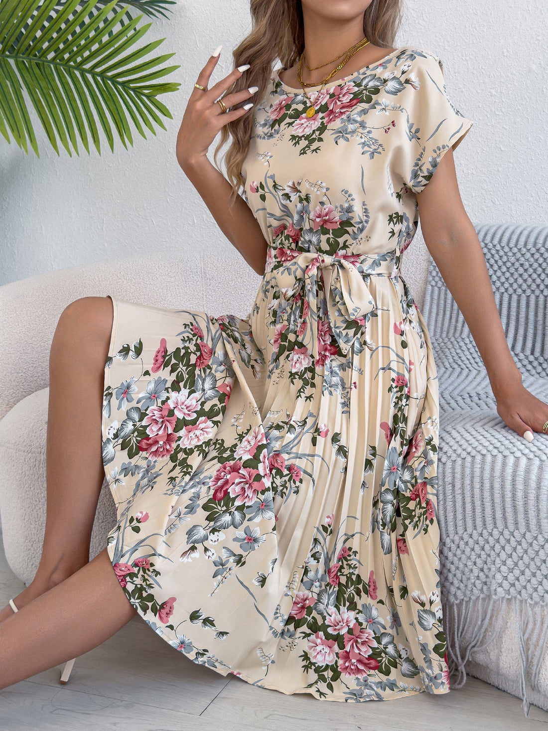Women Clothing Spring Summer Elegant Floral Batwing Sleeve Lace up Cinched Waist Pleated by Ragazza