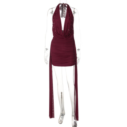 Winter Arrival Stylish Water Drop Decorative Ribbon Sexy V neck Halter Backless Sheath Dress by Ragazza
