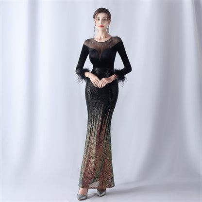 Gradient Bead Drilling Velvet High End Evening Dress by Ragazza