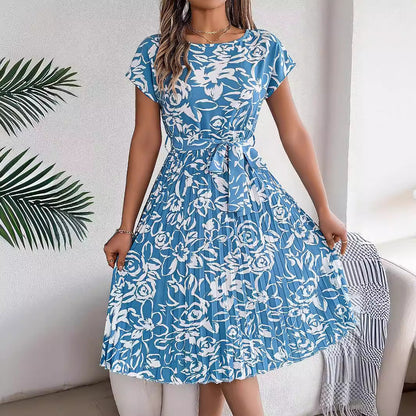 Spring Summer Elegant Floral Short Sleeve Large Hem Pleated Dress Women Clothing by Ragazza