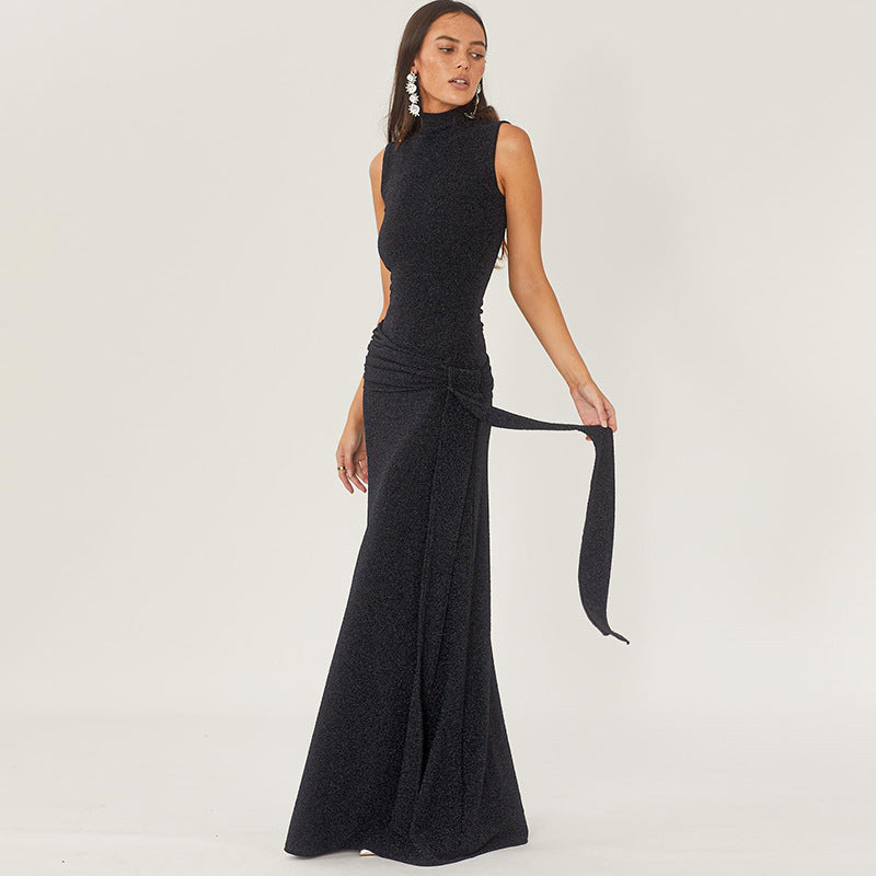 Autumn Elegant Slim Turtleneck Sleeveless Stitching Ribbon Bright Silk Dress Women by Ragazza