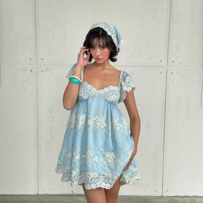 Women Clothing Summer Lace Embroidered Loose Puff Sleeves Sweet Elegance Dress  DestGlow