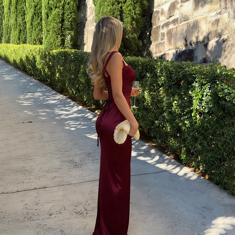 Retro Wine Red Summer Slim Fit Sexy Waist Square Collar Dress  DestGlow