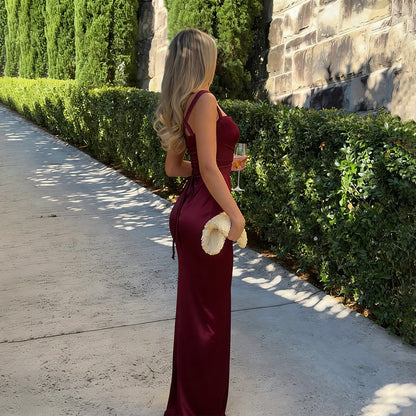 Retro Wine Red Summer Slim Fit Sexy Waist Square Collar Dress  DestGlow