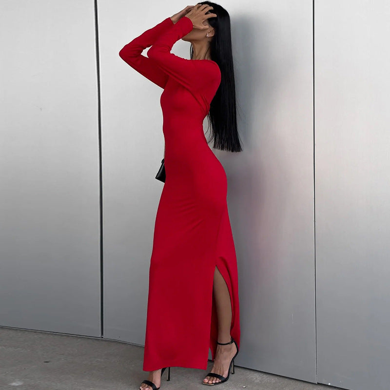 Women Clothing Spring Summer Solid Color Long Sleeve Tight Waist Hip Split Dress Women by Ragazza