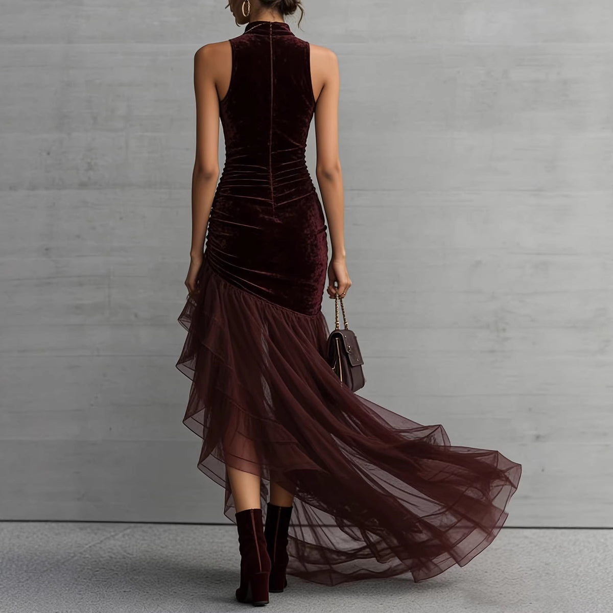 Velvet Turtleneck Sleeveless Evening Dress Pleated Slim Irregular Asymmetric Hem Tulle Trailing Dress  DestGlow