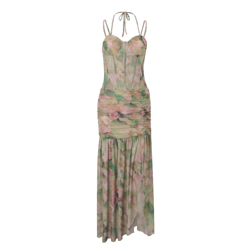Women Clothing Summer Sexy Spaghetti Strap Floral Print Vacation Beach High Waist Slimming Slit Dress Women by Ragazza