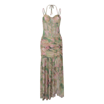 Women Clothing Summer Sexy Spaghetti Strap Floral Print Vacation Beach High Waist Slimming Slit Dress Women by Ragazza