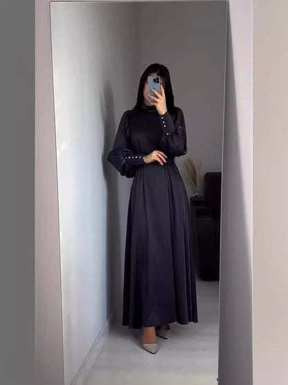 Autumn Waist Solid Color Long Sleeve Slim Fit Belt Retro Dress by Ragazza
