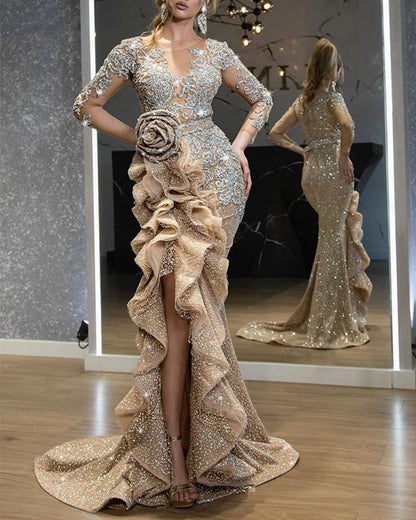 Women Clothing Sexy Gold Long Sleeve Cocktail Dress Trailing Dress by Ragazza