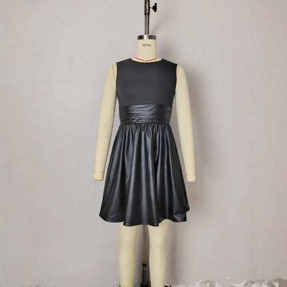 Graceful Fashionable Sleeveless round Collar Design Leather Stitching Dress by Ragazza