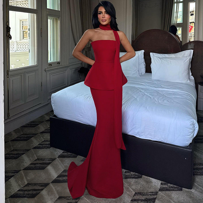Autumn Winter Women Sexy Backless Solid Color Slim Ribbon Tube Top Dress by Ragazza