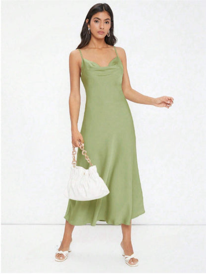Women Clothing Spring Summer Satin Sling Deep V Plunge neck Slim Solid Color Dress by Ragazza