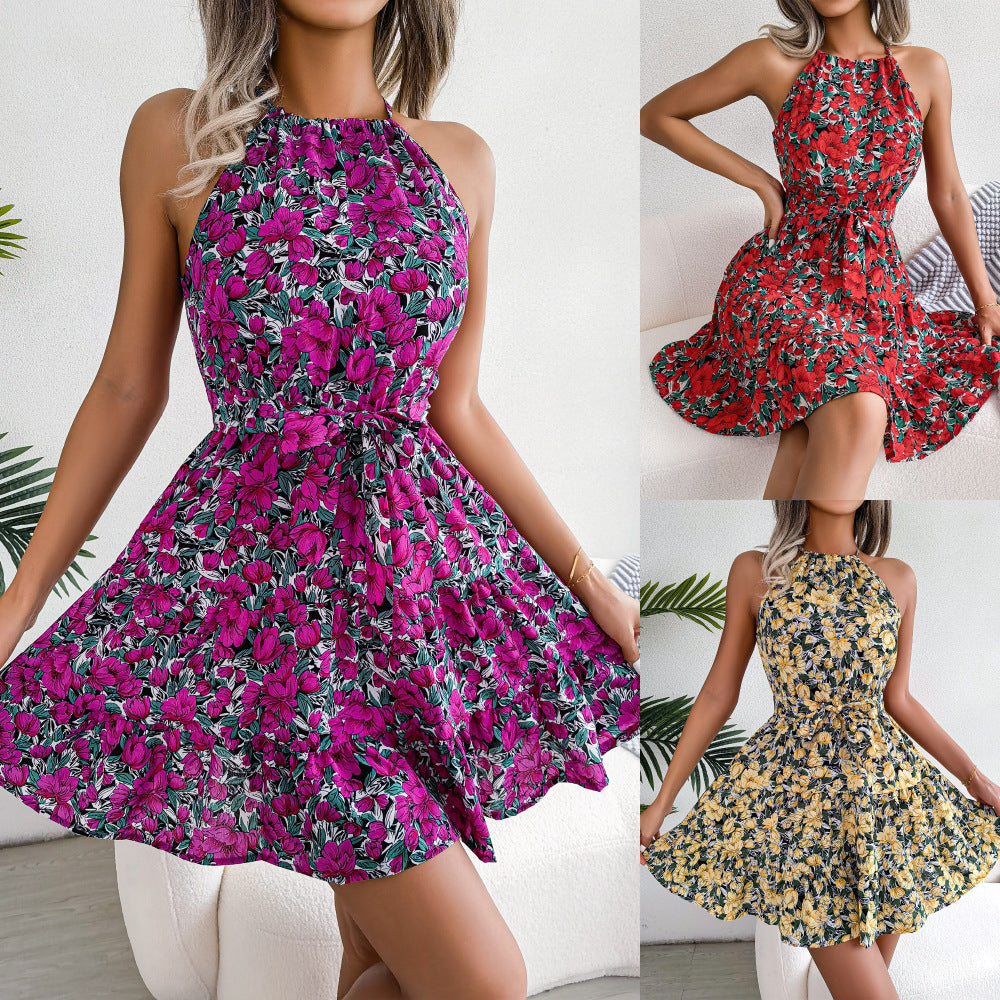 Spring Summer Casual Tied Lotus Leaf Large Swing Floral Dress Women Clothing by Ragazza