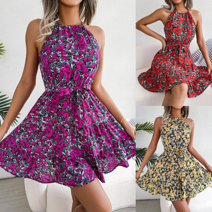 Spring Summer Casual Tied Lotus Leaf Large Swing Floral Dress Women Clothing by Ragazza