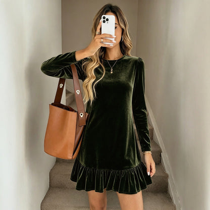 Women round Neck Velvet Dress Long Sleeve Waist Slimming Flounce Hem Dress  DestGlow