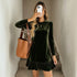 Women round Neck Velvet Dress Long Sleeve Waist Slimming Flounce Hem Dress  DestGlow