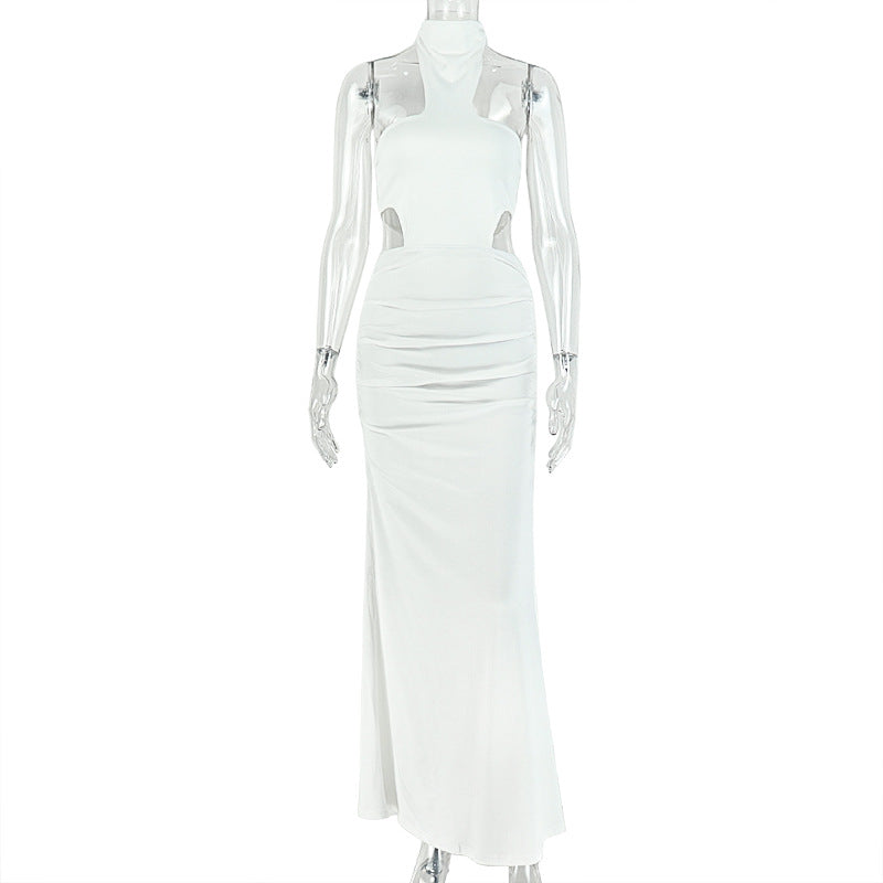 Solid Color Women Slim Fit Chest Wrapped Hip Dress Hanging Collar Sleeveless Split Evening Party Maxi Dress  DestGlow