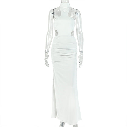 Solid Color Women Slim Fit Chest Wrapped Hip Dress Hanging Collar Sleeveless Split Evening Party Maxi Dress  DestGlow