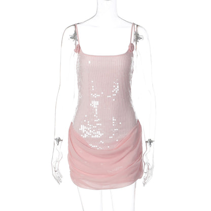 Sequin Sleeveless Slim Slim Sexy Bandeau Sling Collage Gauzy Package Hip Dress by Ragazza