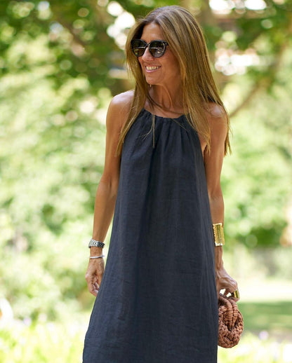 Women Halter Slit Cotton Linen Casual Holiday Dress Spring Summer by Ragazza