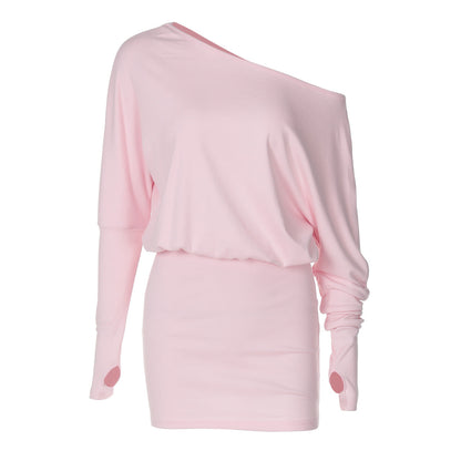 Women Clothing Autumn Personalized One Shoulder Cold Shoulder Long Sleeve Faux Two Piece Waist Slimming Hip by Ragazza