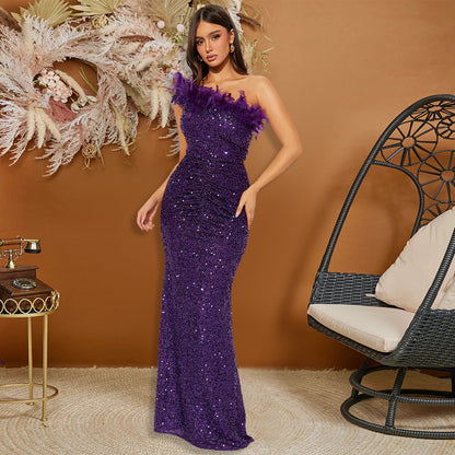 Black Paillette Feather Stitching Sequin Sexy Evening Dress Maxi Dress for Women by Ragazza